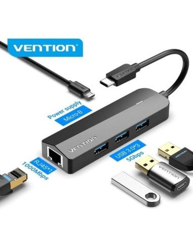 Hub USB Tipo-C Vention TGPBB / 3xUSB / 1xRJ45 / 1xMicro B PD